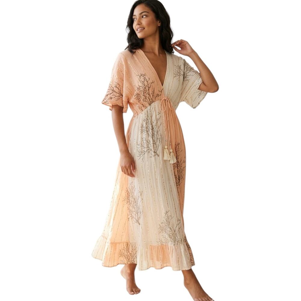 Zury Metallic Gold Striped Maxi Dress Peach Cream Coral Print Tasseled One Size